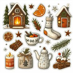 a set of christmas stickers with various items in the shape of houses and trees