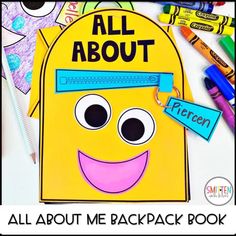 an all about me backpack book with markers and crayons