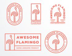 four different types of flamingo stickers on a white surface with red lettering that says awesome flamingo