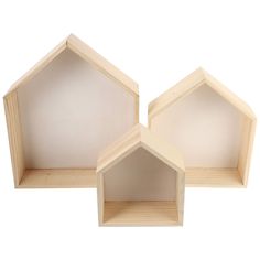 three wooden hexagonal shelves are shown with one open and the other half closed