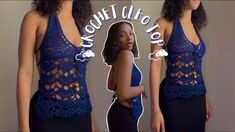 a woman wearing a blue crochet top with cut outs on her chest and shoulder