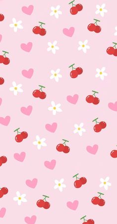 a pink wallpaper with cherries and hearts on the side, all in different colors