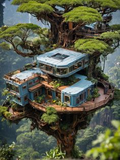 an upside down tree house in the middle of some trees with lots of windows on it