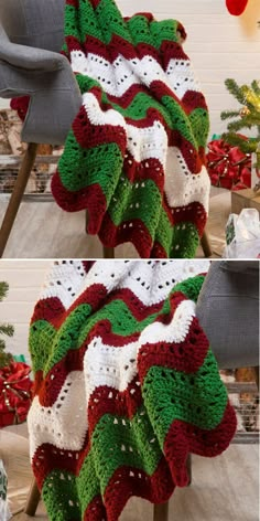 crocheted christmas tree afghan with red, green and white trims on it