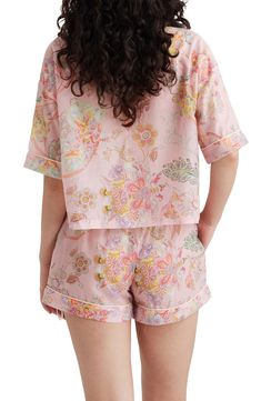 Bountiful blooms cover this silk-kissed PJ set composed of a cropped, boxy top and matching elastic-waist boxer shorts. Top has front button closure; notched collar; short sleeves Bottoms have elastic waist; side-seam pockets 70% cotton, 30% silk Machine wash, line dry Imported Spring Sleepwear Sets With Short Sleeves, Spring Pajama Party Short Set, Spring Short Sleeve Sleepwear Set, Floral Print Sleep Sets With Short Sleeve, Floral Print Short Sleeve Sleep Set, Short Sleeve Floral Print Sleep Sets, Short Sleeve Floral Sleep Set, Spring Sleepwear Short Set, Spring Sleep Short Set