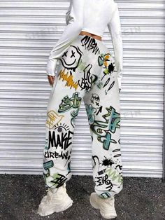 SHEIN Coolane Casual Drawstring Waist Graffiti All-Over Allover Print Sweatpants, Daily Wear | SHEIN USA Summer Baggy Pants With Letter Print, Baggy Bottoms With Graphic Print For Spring, Casual Stretch Bottoms With Graphic Print, Spring Baggy Bottoms With Graphic Print, Hip Hop Wide Leg Bottoms With Graphic Print, Baggy Grunge Bottoms With Graphic Print, Y2k High Waist White Pants, White High Waist Y2k Pants, Y2k Style High Waist White Pants