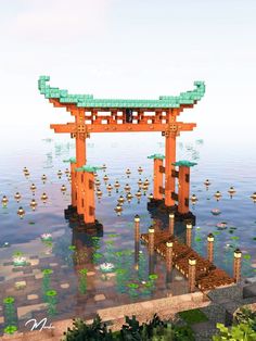 a large wooden structure sitting on top of a body of water