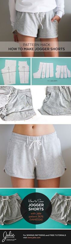 the front and back view of an adult sized shorts sewing pattern, with instructions to make it