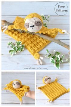 a crocheted slotty sleeping on top of a yellow blanket with green leaves