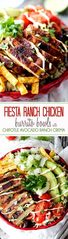 grilled chicken and vegetables on a red platter with text overlay that reads fiesta ranch chicken burrito bowls