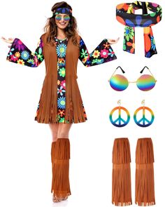 a woman is dressed in hippie clothing and accessories including sunglasses, headbands, scarf, sun glasses