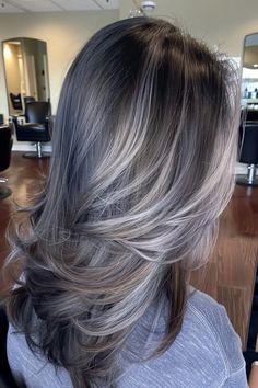 40+ Chic Silver Highlights and Gray Blending Ideas for Dark Hair - Flo's Blog Brown Hair With Grey Balayage, Cool Tone Highlights On Dark Hair, Dark Hair With Silver Highlights, Grey Highlights On Dark Hair, Gray Transition, Trendy Hair Color Ideas, Gray Blending, Grey Blending, Hair Fairy