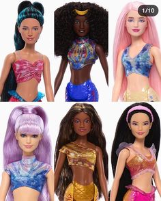 four barbie dolls with different hair styles and colors on them, all wearing swimsuits