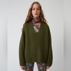 Selling My Gorgeous Acne Studios Wool Sweater. Only Selling Because I'm Pregnant And Won't Get To Wear It Anytime Soon :( Size S, But As With All Acne Clothing It's Pretty Oversized. So Would Definitely Work For Both S And M. In Great Condition -- You Might Want To Dry Clean It So I Adjusted The Price Accordingly. Acne Clothing, I'm Pregnant, Chunky Wool, Moss Green, Khaki Green, Wool Sweater, V Neck Sweater, Wool Sweaters, Colorful Sweaters