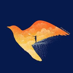 a person standing on top of a cliff with an orange bird flying over it in the sky