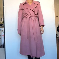 Beautiful Theory Wool/Cashmere Blend Belted Trench Coat Style, 3/4 Length With Wrap Around Belt. More Of A Spring/Fall Coat, Lighter Weight Than The Usual Wool Coat. Unlined. Dusty Rose Pink. Barely Worn, Non-Smoker. 90% Wool 10% Cashmere **As I Pulled It Out To Photograph It I Noticed Some Subtle Moth Damage, Hard To Notice And The Coat Is In Excellent Condition Besides That.See Last Few Up Close Pics. Fitted Cashmere Outerwear For Spring, Fitted Spring Cashmere Outerwear, Cashmere Pea Coat For Workwear In Fall, Pink Wool Outerwear For Office, Spring Cashmere Wool Coat For Work, Chic Fitted Cashmere Outerwear, Fitted Cashmere Outerwear For Fall, Fitted Cashmere Outerwear For Office, Spring Wool Coat With Lapel Collar