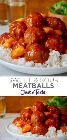 Top image: A close-up view of sweet and sour meatballs with pineapple chunks atop a bed of white rice. Bottom image: Sweet and sour meatballs atop white rice on a large dinner plate. Easy Meatball Sauce, Sweet N Sour Meatballs, Meatballs Sauce Recipe, Sweet Meatballs, Sweet N Sour Sauce Recipe, Fit And Fabulous, Meatball Dinner, Sweet And Sour Meatballs, Meatball Recipes Easy