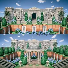 two pictures of a castle with blue flowers and trees in the front, side and back views