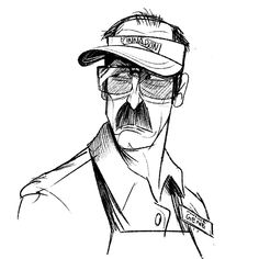 a black and white drawing of a man with sunglasses on his face, wearing a hat