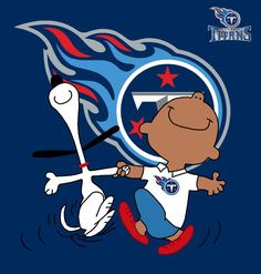 an image of a cartoon character running with a soccer ball in his hand and the titans logo on it