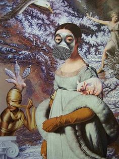 a woman with a gas mask holding a cat in front of a painting of people