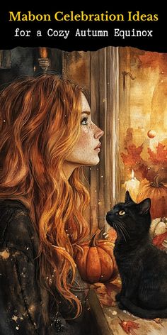 a painting of a woman looking at a black cat