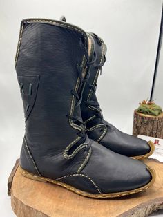 This is handmade genuine leather custom made men's boots.   Our processing time 2-10 bussines days, But must of time we are shipping your order very earlier. ( express shipping, Fedex, Ups, Dhl, Tnt ) Every size available.  Made with natural leather and leather sole. Handmade and handstitched. Very comfy and useful. Only natural and top quality materials used.  Flexible.  We have door to door express shipping service.  If you have any questions please contact with us.  bemyboots.etsy.com Thank Y Traditional Black Boots With Leather Sole, Handmade Black Leather Boots, Traditional Black Leather Boots, Viking Style Leather Boots With Round Toe, Viking Leather Lace-up Boots, Viking Style Lace-up Leather Boots, Medieval Leather Boots With Leather Sole, Viking Leather Boots With Leather Sole, Black Leather Medieval Boots