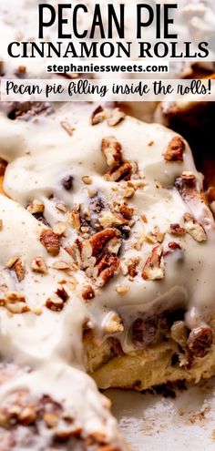 pecan pie cinnamon rolls with icing on top