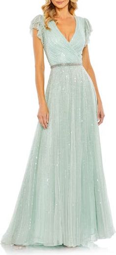 Flowy Gown, Cap Sleeve Gown, Designer Formal Dresses, Dress With Cap Sleeves, Sequin Formal Dress, Sleeve Gown, Green Gown, Floor Length Skirt, Mac Duggal