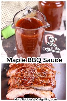 bbq sauce in a measuring cup next to ribs