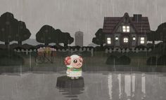 a cartoon dog is standing in the rain