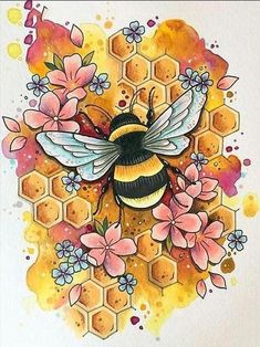 a watercolor drawing of a bee on a honeycomb with flowers and the words merr sehen