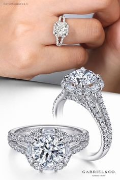 a woman's hand holding an engagement ring with two diamonds on it and the center diamond