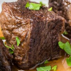 a close up of a piece of meat on a plate with garnishes