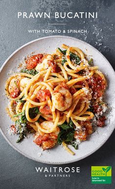 the book cover for prawn bucatini with tomato and spinach pasta