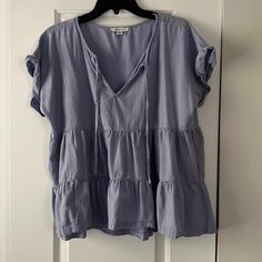 Ae Light Purple/Blue Cotton & Linen Top, Tie Neck Line, Large, Never Worn Cute Purple Top With Ruffles, Cute Purple Top For Day Out, Lavender Short Sleeve Tops With Ruffles, Cotton Lavender Top For Day Out, Lavender Tops With Ruffles And Short Sleeves, Baby Doll Top, Babydoll Top, Linen Top, Tie Neck