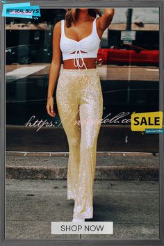 Sequin Flare Leg Pants Gold Pants For Night Out In Summer, Gold Pants For Summer Party, Summer Party Stretch Dress Pants, Stretch Straight Leg Pants With Sequins, Non-stretch Party Dress Trousers, Glamorous Straight Summer Pants, Stretch High-waisted Dress Pants For Party, Non-stretch Trousers For Night Out, High Waist Non-stretch Dress Pants For Party