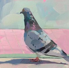 a painting of a pigeon sitting on the ground