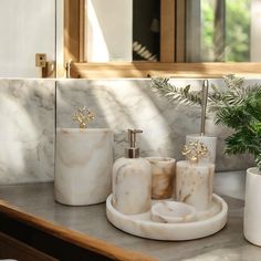 marble bathroom accessories on a countertop in front of a mirror and potted plant