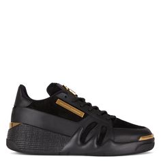 Black suede 'Talon' sneakers with tone-on-tone leather inserts. Customised with golden metal Signature and plate. Rubber sole with golden spoiler. Black Rubber, Lace Tops, Giuseppe Zanotti, All Black Sneakers, Black Suede, Low Top, Top Sneakers, Rubber Sole, Black Leather