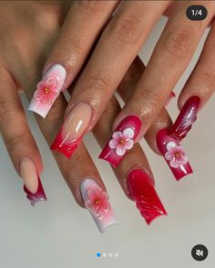 Red 3d nail inspo  Red flower nail inspo  Summer nails  Square shaped nails inspo Red And White Nails, 3d Flower Nails, Red Acrylic Nails, Nagel Tips, Colored Acrylic Nails, Girly Acrylic Nails, Summery Nails, Her Nails, Unique Acrylic Nails