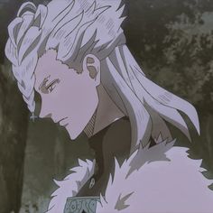 an anime character with long blonde hair wearing a fur coat and looking to his left