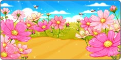 a cartoon scene with pink flowers in the foreground and a bee flying over them