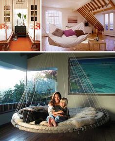 there are pictures of different rooms in the house and one has a hammock bed