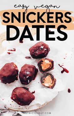 an easy vegan snickkers date recipe on a plate with chocolate covered dates