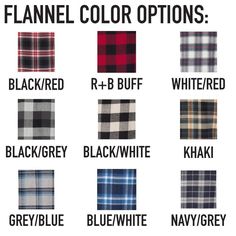 the flannel color options for different plaids and checkered colors are shown