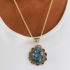 Anya Brass Teardrop Pendant Necklace - Ten Thousand Villages Pear Shaped Pendant, Filigree Pattern, Teardrop Pendant, Stylish Accessories, Murano Glass, Pear Shaped, Pear, Floral Design, Pendant Necklace