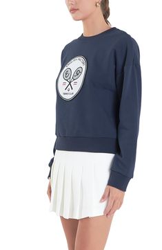 Tap into preppy style with this tennis-themed sweatshirt punctuated by an embroidered logo patch. Crewneck Ribbed cuffs and hem 100% cotton with 95% cotton, 5% spandex contrast Hand wash, dry flat Imported Sporty Long Sleeve Sweatshirt With Logo Patch, Casual Sweatshirt With Appliqué Logo For Fall, Casual Long Sleeve Sweatshirt With Appliqué Logo, Casual Long-sleeved Sweatshirt With Appliqué Logo, Sporty Long Sleeve Top With Appliqué Logo, Casual Crew Neck Sweatshirt With Appliqué Logo, Sporty Long Sleeve Sweatshirt With Appliqué Logo, Sporty Crew Sweatshirt With Logo Patch, Fall Crew Neck Top With Appliqué Logo