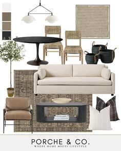 a living room with furniture and decor in shades of beige, brown, and white