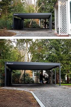 two pictures of a black and white gazebo